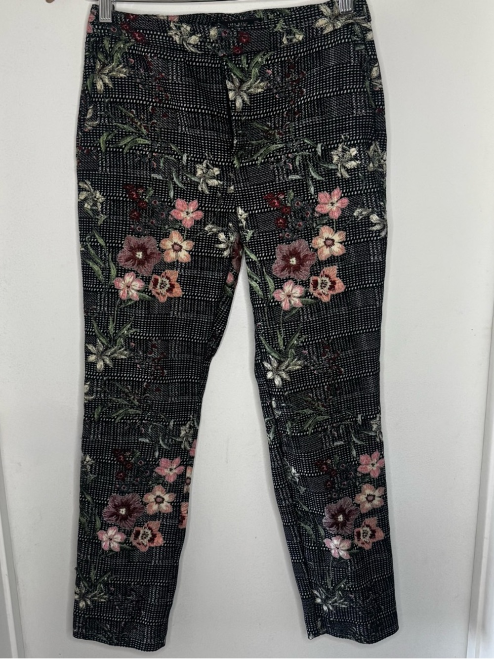 ZARA Floral Jacquard & Plaid Black Ankle Pants Womens X Small Bohemian Stretch